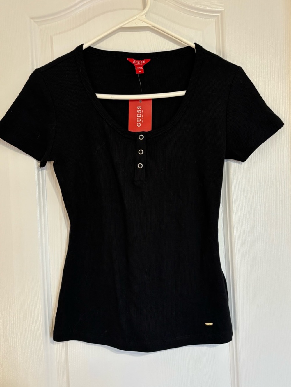 GUESS Black Ribbed Short Sleeve Scoop Henley Top